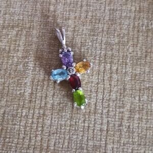 Multi Gem Stone Sterling Silver Cross Pendant